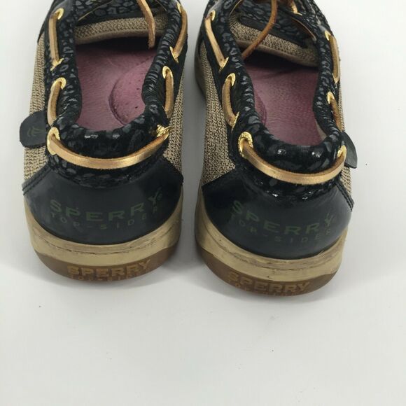 Sperry Top Sider Angelfish Boat Shoes Size 8.5 Black Cheetah Print Gold Loafers - Picture 6 of 8